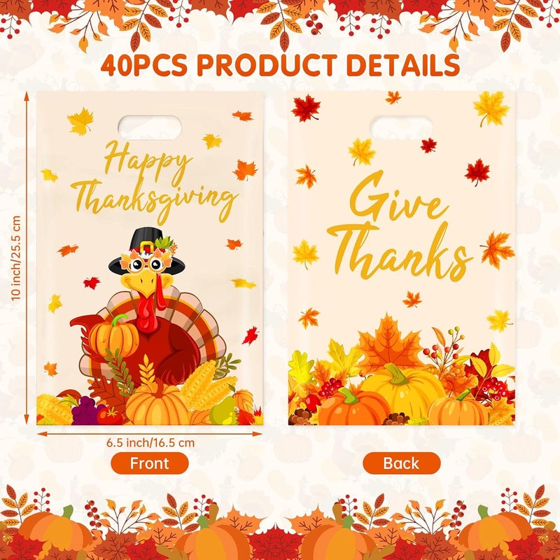 PERFQU 40 Pcs Thanksgiving Gift Bags - Happy Thanks giving Goodie Bags, Plastic Fall Maple Leaves Pumpkin Give Thanks Turkey Treat Candy Favor Tote Bags with Handles for Autumn Thanksgiving Party Favors Bulk - Image 3